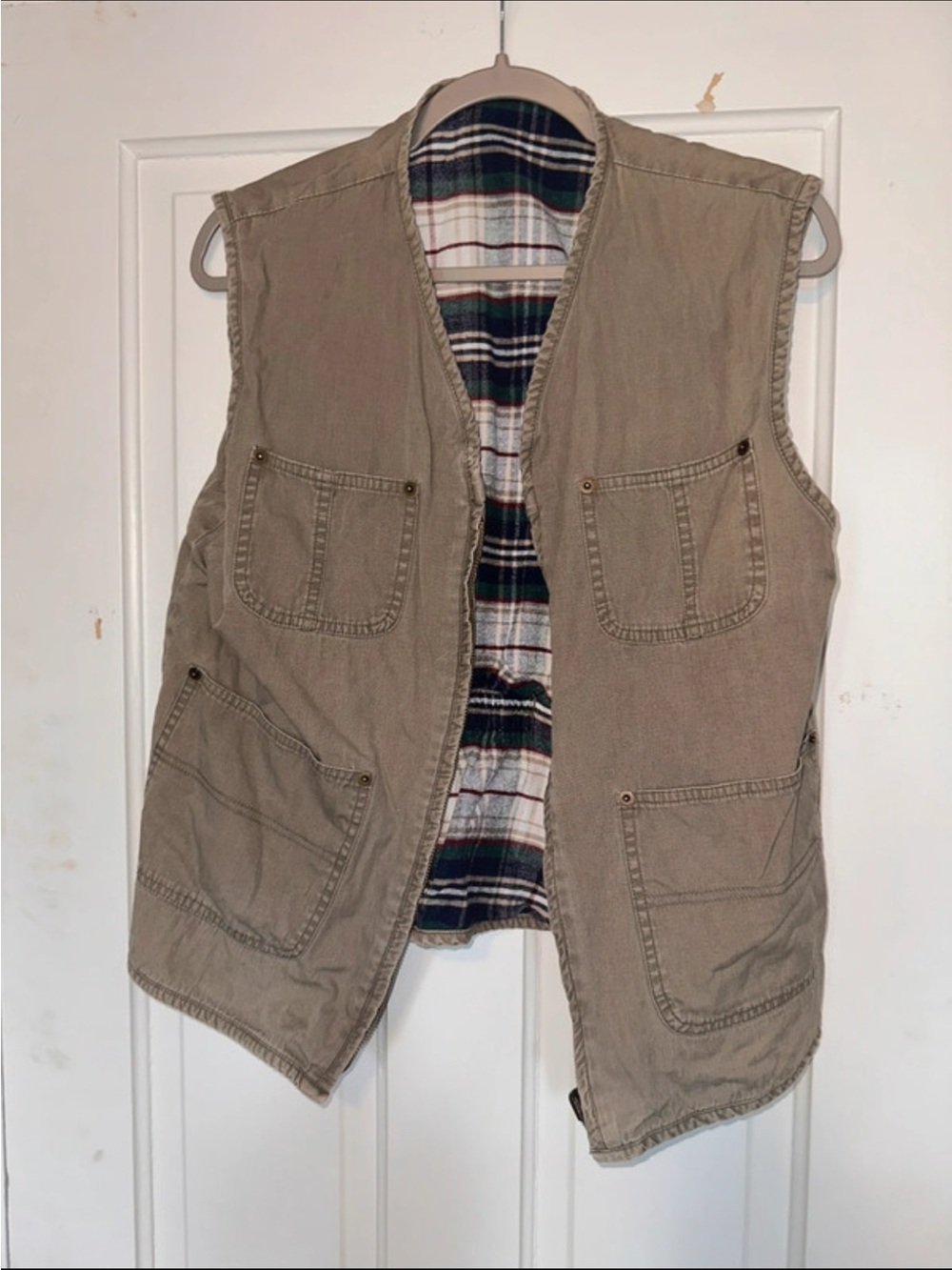 Khaki Canvas reversible Utility Vest with Plaid flannel Lining